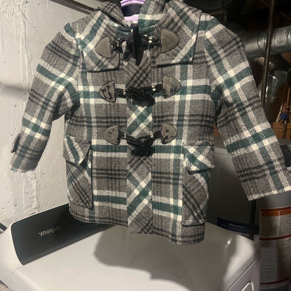 Plaid Kids Toggle Coat - Gray and Green